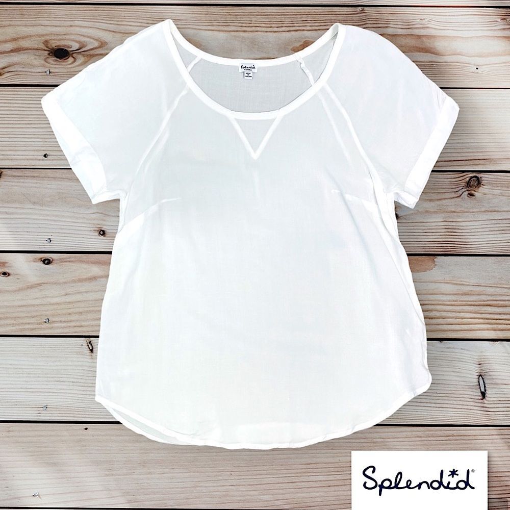 Splendid White T-Shirt Blouse Top Rayon Semi Sheer Lightweight Cap Sleeve XS